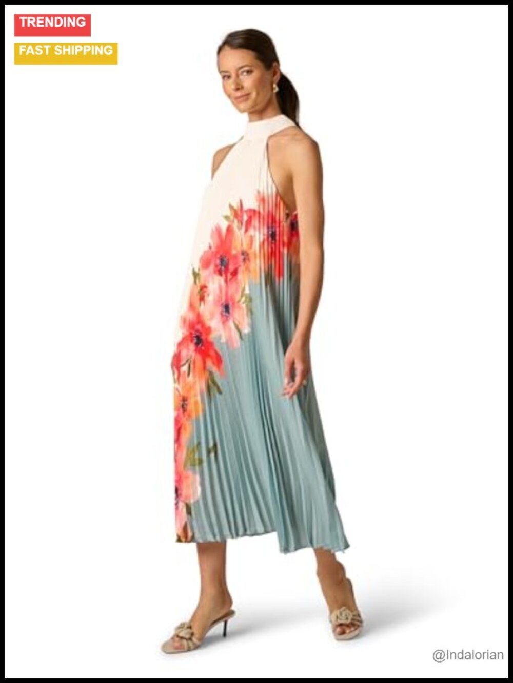Pleated Chiffon Floral Midi Dress Halter Neck Trapeze